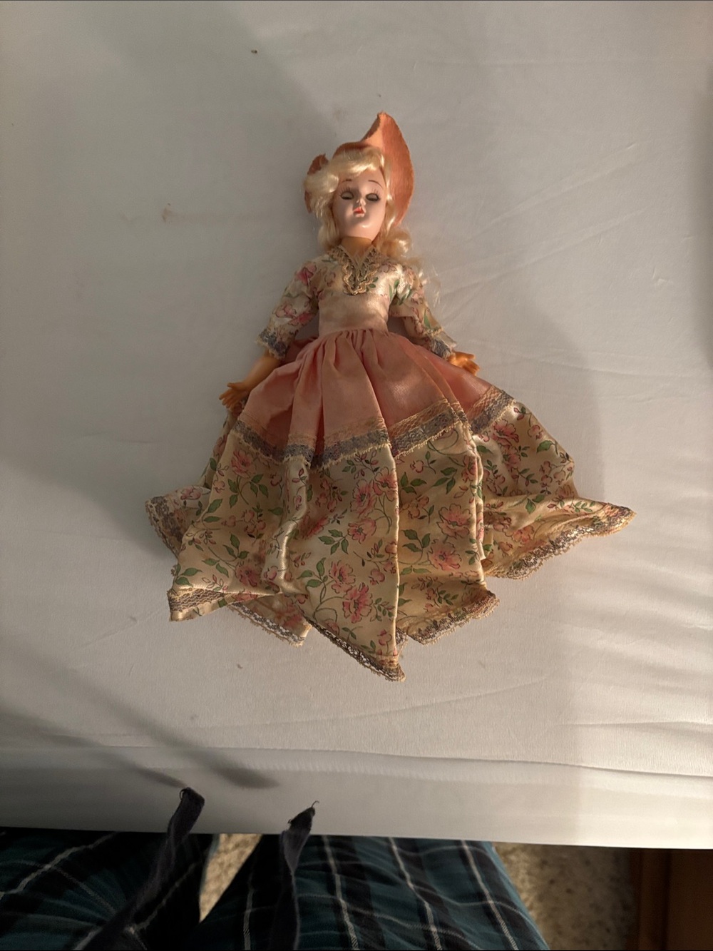 Vintage Porcelain Doll in Peach and Floral Dress
